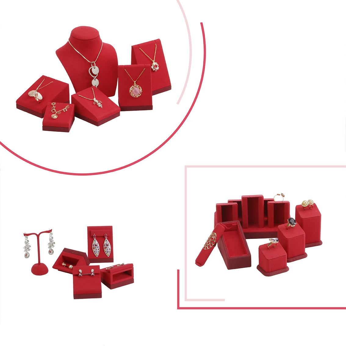 PG20006 Elegent Red Suede Microfiber Metal Rivet Jewellery Display Kits For Jewellery Retail Shop
