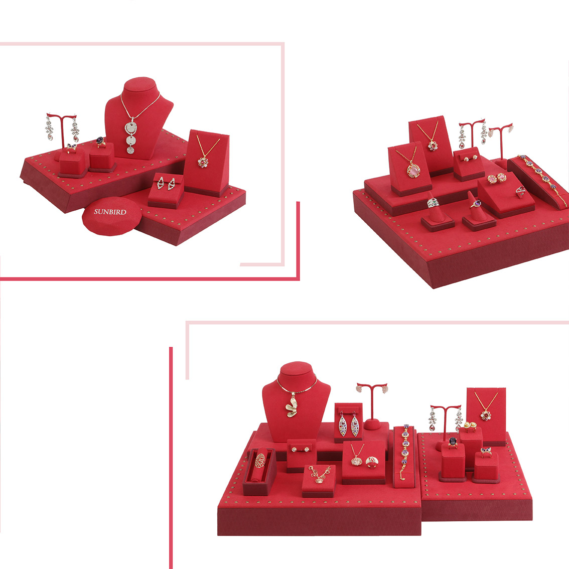 PG20006 Elegent Red Suede Microfiber Metal Rivet Jewellery Display Kits For Jewellery Retail Shop