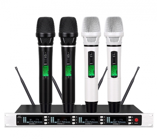 Bolymic BL6400 Professional True Diversity UHF Wireless Stage Microphone System for Performance Singing 4 Metal Dynamic Handheld Microphones
