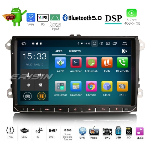 Erisin ES8028V 9" Car Stereo 8-Core Android 9.0 For Volkswagen Caddy Passat Golf 5 6 Touran Eos Polo Seat DAB+
