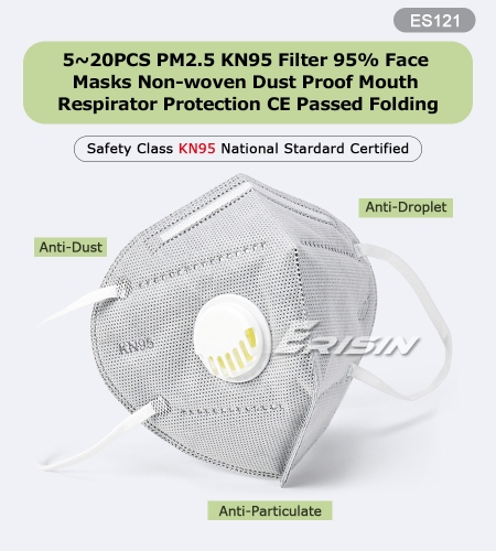 Erisin ES121 CE Certified N95 KN95 FFP2 P2 KN95 Face Mask Respirator Anti-Virus/Dust Valve Reusable 6Ply 95% Filter Breathable
