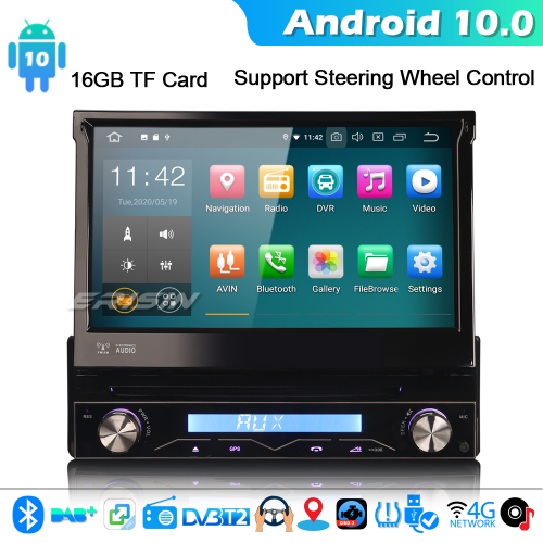 1 Din Universal Android 10 4G+64G Retractable Radio Screen Car DVD GPS  Navigation Auto Head Unit 1Din Autoradio CarPlay Stereo