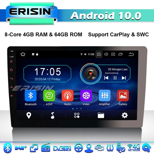 Erisin ES6910U 10.1" Android 10.0 Touchscreen 1 Din Car Radio GPS Autorradios CarPlay SWC 4G WiFi Bluetooth 8-Core 4GB