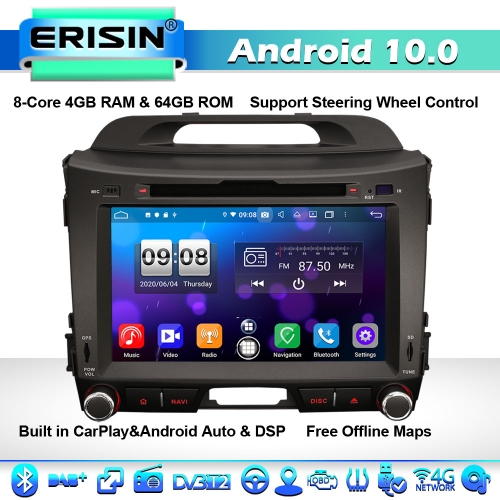 Erisin ES8733S 8" Android 10.0 8-Core GPS Autorradios for Kia Sportage 4G WiFi DSP CarPlay DVD Bluetooth