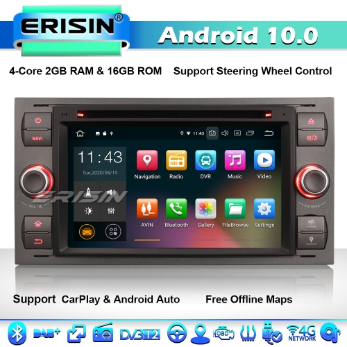 Erisin ES5166F Android 10.0 Car Stereo GPS SatNav Radio Ford Focus C\S-Max Fiesta Transit Kuga Fusion DAB+ CarPlay 4G WiFi