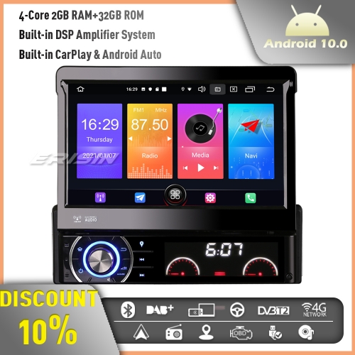 Erisin ES2790U 7" Android 10.0 Deatchable Touchscreen Single Din Car Stereo GPS SatNav Radio CarPlay DSP DVD 4G WiFi DAB+ BT