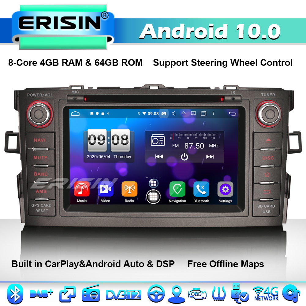 ERISIN 9 Zoll Android 10.0 Autoradio für Toyota AURIS Corolla ALTIS Unterstützt GPS-Navi Carplay Android Auto DSP Bluetooth A2DP DVB-T/T2 WiFi DAB Mirror-Link 2GB RAM+16GB ROM 
