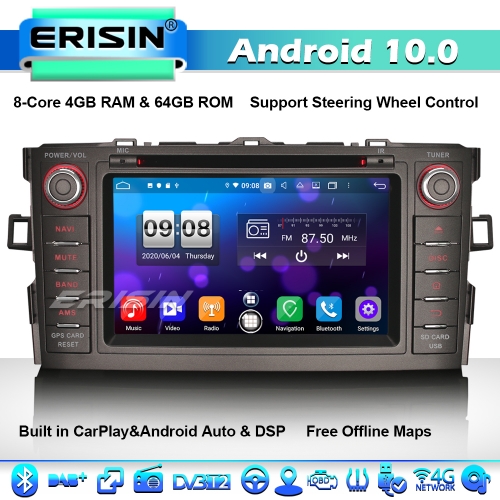 Erisin ES8704A 8-Core 64GB Android 10.0 Car Stereo Sat Nav GPS for TOYOTA AURIS COROLLA ALTIS DAB+ CarPlay DSP Bluetooth Touch Screen