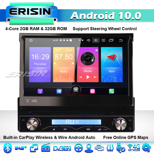 Erisin ES2788U Android 10 Deatchable Single 1 Din Universal Autoradio DAB+ Radio Sat Nav DSP 4G WiFi Bluetooth CarPlay Android Auto DSP 32GB