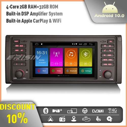 Erisin ES3153BN Android 10 Car Stereo GPS Radio Satnav for BMW 5 Series E39 E53 X5 M5 Support DAB+ CarPlay DSP TPMS OBD WiFi 4G Bluetooth RDS 32GB