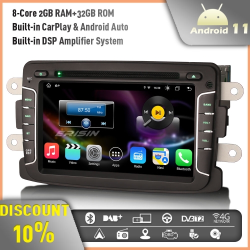Erisin ES8629D 8-Core Android 11 Car Stereo Satnav Renault Dacia Duster Logan Sandero Captur DVD CarPlay DSP Android Auto Bluetooth OBD2 SWC 2GB+32GB