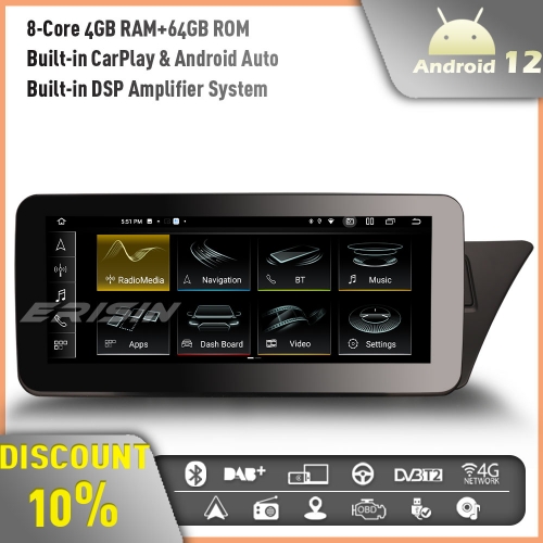 Erisin ES3874AR 8-Core 4GB+64GB 10.25 Android 12.0 Car Stereo GPS Sat Nav  Radio for Audi A4/A5/B8/S4/S5 Bluetooth 5.0 IPS CarPlay Android Auto DAB+DS