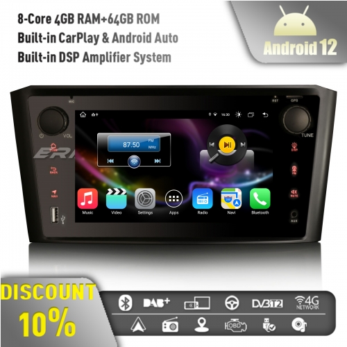 Erisin ES8807A 8-Core Android 12 DAB+ Autoradio GPS Navigation for TOYOTA AVENSIS T25 Bluetooth 5.0 CarPlay Android Auto OBD2 TPMS WiFi DVR 4GB+64GB