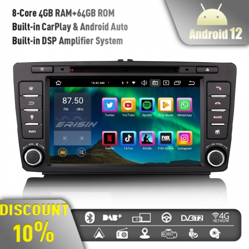 Erisin ES8526S Android 12 DAB+ Car Stereo GPS Radio for Octavia Yeti Rapid Roomster Superb 8" IPS BT 5.0 CarPlay Android Auto WiFi DVR 8-Core 4GB+64GB