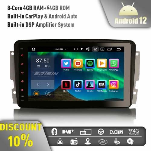 Erisin ES8587C 8-Core Android 12 DAB+ Car Stereo Satnav for Mercedes Benz C/ CLK/G-Class W203 W209 Bluetooth 5.0 CarPlay Android Auto WiFi OBD 4GB+64GB