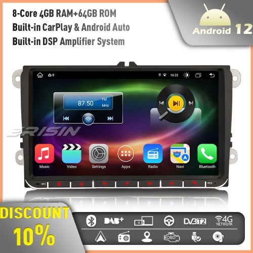 Erisin ES8891V 9" 8-Core Android 12 Car Stereo GPS Sat Nav for VW Golf Mk5 Mk6 Passat B6 Skoda Touran Seat Skoda DAB+ Wireless CarPlay DSP WIFI 4+64GB