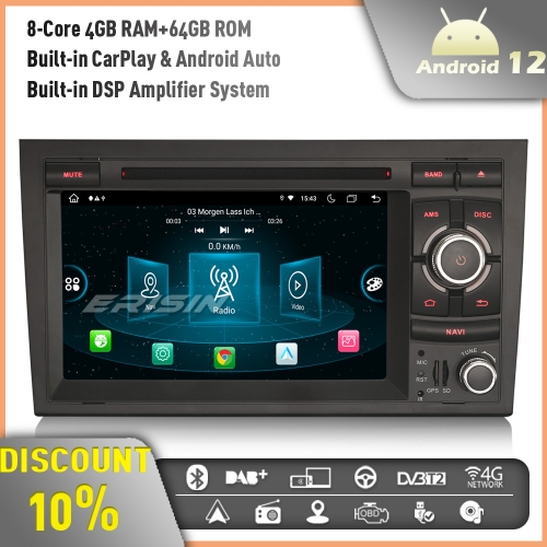 Erisin ES8938A 7 Inch Android 12 DAB+ Car Stereo GPS SatNav Radio for AUDI A4 S4 RS4 RNS-E SEAT EXEO DVD Bluetooth CarPlay Android Auto WiFi 4GB+64GB