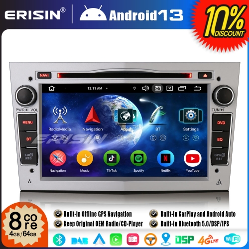Erisin ES6760PS 8-Core Android 13 Car Stereo GPS Sat Nav for Opel VAUXHALL Antara Astra Corsa C/D Vectra Meriva Signum BT 5.0 DAB+CarPlay WiFi 4G+64GB