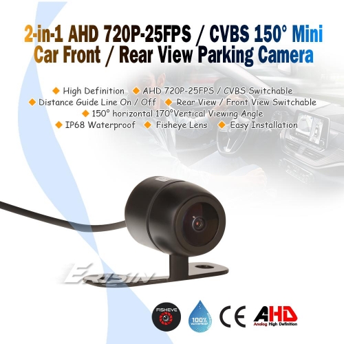 Erisin ES680 2-in-1 AHD 720P-25FPS/CVBS 150° Mini Car Front Rear View Reverse Parking Camera Fisheye Lens Waterproof