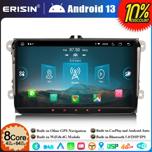 Erisin ES8998V 9" 8-Core Android 13.0 Car Stereo GPS Sat Nav for VW Golf Mk5 Mk6 Passat B6 Skoda Touran Seat Skoda DAB+ Wireless CarPlay DSP WIFI 64GB