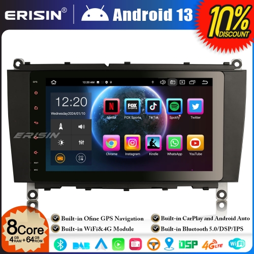 Erisin ES8584C 8 Inch 8-Core 4GB+64GB Android 13 Car Stereo Sat Nav GPS Radio DSP DAB+ for Mercedes CLK-Class W209 C209 A209 CarPlay WiFi 4G Bluetooth