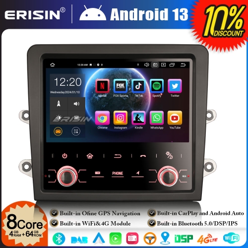 Erisin ES8559C Android 13 8-Core Car Stereo GPS Sat Nav for Porsche Cayman Boxster 718 911 DAB+ Radio 4GB+64GB Bluetooth 5.0 CarPlay 4G WiFi OBD2 USB