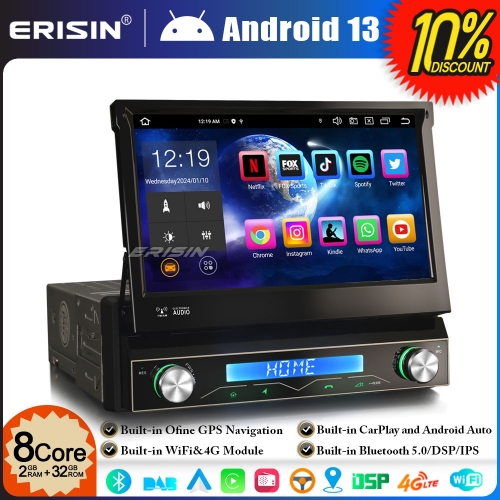 Erisin ES8368U 8-Core Android 13 Double Din Car Radio GPS Stereo Mutimedia 7 Inch Touch Screen DAB+ Bluetooth 5.0 CarPlay Android Auto IPS WiFi 32GB