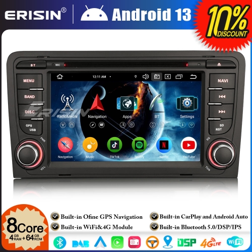 Erisin ES6773A 8-Core 4GB+64GB Android 13 Car Stereo GPS SatNav DVD Player for  AUDI A3 S3 RS3 RNSE-PU 7" BT 5.0 DAB+Wireless CarPlay DSP WiFi OBD2