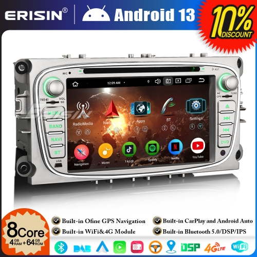 Erisin ES6768F 8-Core 64GB Android 13 Car Stereo GPS Sat Nav DVD Player for Ford Mondeo Focus S-Max C-Max Galaxy BT 5.0 DAB+ CarPlay DSP WiFi OBD2 4G