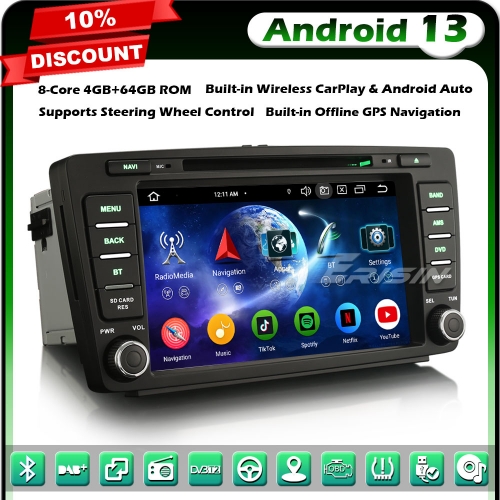 Erisin ES6726S 8-Core 64GB Android 13 DAB+ Car Stereo GPS Sat Nav DVD for Skoda Octavia Yeti Rapid Superb Roomster BT 5.0 CarPlay Android Auto WiFi