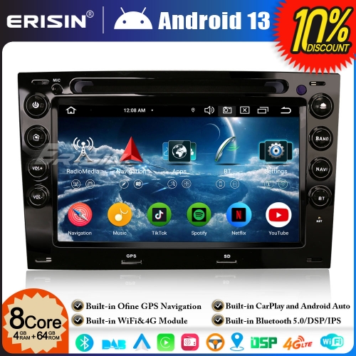 Erisin ES6713M 8-Core 64GB Android 13 DAB+ Car Stereo GPS Sat Nav DVD Player for Renault Megane Ⅱ 7 Inch Screen BT 5.0 CarPlay Android Auto WiFi IPS