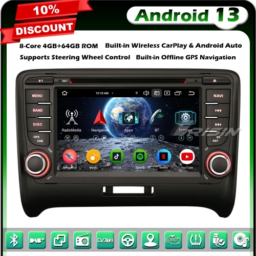 Erisin ES6777T 8-Core 64GB Android 13 Car Stereo GPS SatNav DVD Player for AUDI TT MK2 7 Inch Touch Screen BT 5.0 DAB+Wireless CarPlay DSP WiFi OBD2