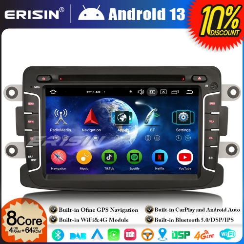 Erisin ES6729D 8-Core 64GB Android 13 DAB+ Car Stereo GPS Sat Nav DVD for Renault Dacia Duster Logan Dokker Lodgy BT 5.0 CarPlay Android Auto WiFi OBD