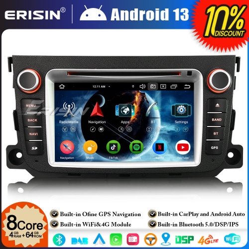 Erisin ES6733S 8-Core 4G+64GB Android 13 DAB+ Car Stereo GPS Sat Nav DVD Player for Mercedes-Benz Smart Fortwo BT 5.0 CarPlay Android Auto WiFi Canbus