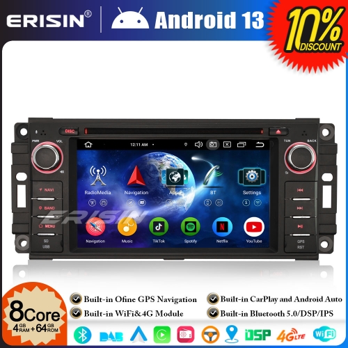 Erisin ES6762J 8-Core 64GB Android 13 DAB+ Car Stereo GPS Sat Nav DVD Player for Jeep Compass Wrangler Chrysler BT 5.0 CarPlay Android Auto WiFi OBD2