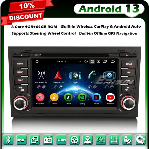 Erisin ES6774A 8-Core 4GB+64GB Android 13 Car Stereo GPS SatNav DVD Player for Audi A4 S4 RS4 Seat Exeo 7" BT 5.0 DAB+Wireless CarPlay DSP WiFi OBD2