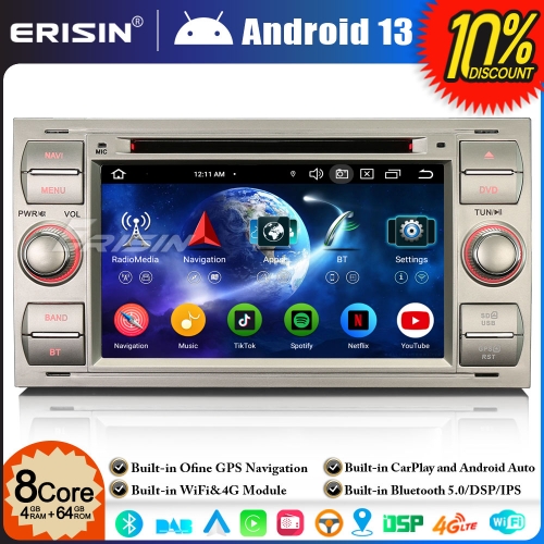 Erisin ES6766FS 8-Core 64GB Android 13 Car Stereo GPS Sat Nav DVD for Ford S/C-Max Focus Galaxy Kuga Fiesta Transit BT DAB+ CarPlay DSP WiFi Silver