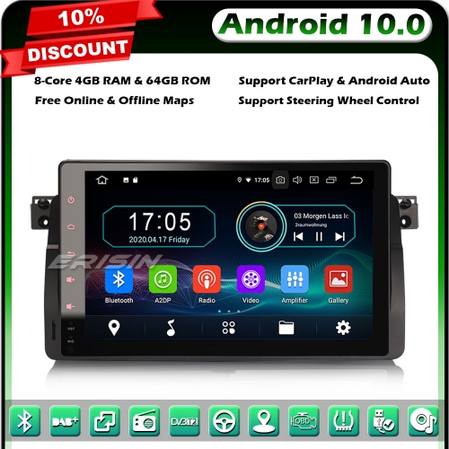 Erisin ES6996B 9" Car Multimedia Player Android 10.0 8-Core GPS Stereo DAB+ CarPlay BMW 3 Series E46 Rover 75 MG ZT 4G WiFi Bluetooth 4GB+64GB