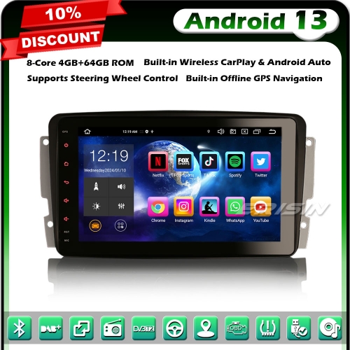 Erisin ES8587C 8-Core Android 13 DAB+ Car Stereo Satnav for Mercedes Benz C/CLK/G-Class W203 W209 Bluetooth 5.0 CarPlay Android Auto WiFi OBD 4GB+64GB