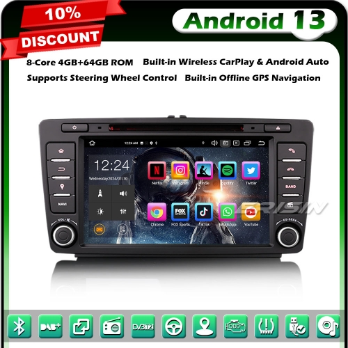 Erisin ES8526S Android 13 DAB+ Car Stereo GPS Radio for Octavia Yeti Rapid Roomster Superb 8" IPS BT 5.0 CarPlay Android Auto WiFi DVR 8-Core 4GB+64GB