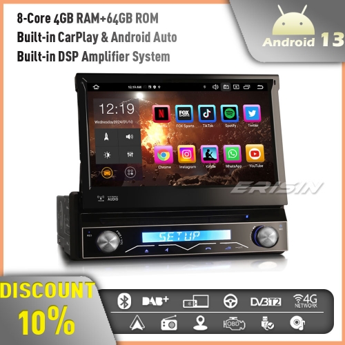 Erisin ES8588U 8-Core 4GB+64GB Android 13 Single Din Universal Detachable GPS Stereo Head Unit 7" DVD Player Touch Screen CarPlay BT 5.0 WiFi OBD2 RDS