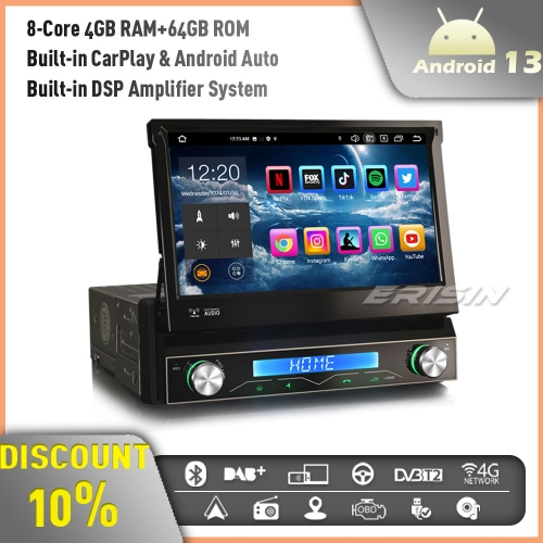 Erisin ES8568U 8-Core 4GB+64GB Android 13 Single Din Universal Detachable GPS Stereo Head Unit 7" Touch Screen CarPlay Android Auto BT 5.0 WiFi OBD2