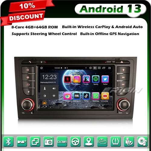 Erisin ES8506A Android 13 DAB+ DVD Car Stereo GPS Radio Head Unit for AUDI A6 S6 RS6 Allroad Support CarPlay Android Auto OBD2 WiFi 4GB RAM+64GB ROM