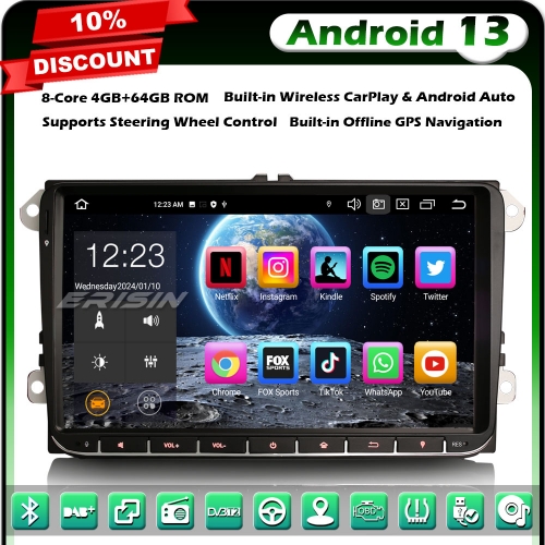 Erisin ES8528V Android 13 8-Core 64GB Car Stereo GPS Sat Nav for VW Golf Mk5 Mk6 Passat B6 Skoda Touran Seat Skoda DAB+Radio BT 5.0 Wireless CarPlay