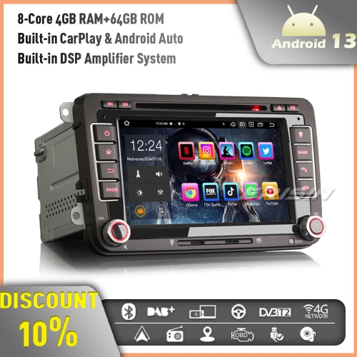 Erisin ES8548V Android 13 8-Core 64GB Car Stereo GPS Sat Nav DVD for VW Golf Mk5 Mk6 Passat B6 Skoda Touran Seat Skoda 7" DAB+ Radio BT 5.0 CarPlay