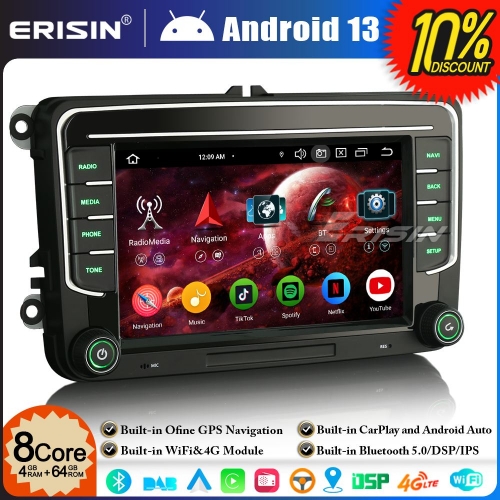 Erisin ES5735V 7" 8-Core 4GB+64GB Android 13 Car Stereo GPS Sat Nav for VW Golf Mk5/6 Passat B6 Skoda Touran Seat Skoda DAB+ Wireless CarPlay DSP WiFi