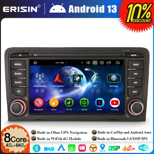 Erisin ES5773A 8-Core 4GB+64GB Android 13 Car Stereo GPS Satnav Radio for AUDI A3 S3 RS3 RNSE-PU 7" Radio BT 5.0 CarPlay Android Auto WiFi DSP Canbus