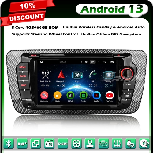 Erisin ES5722S Android 13 DAB+ Car Stereo GPS Satnav Radio for SEAT IBIZA 7 Inch Touchscreen BT 5.0 Wireless CarPlay WiFi DSP CANbus OBD USB 4GB+64GB