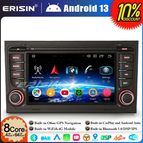 Erisin ES5774A 8-Core 4G+64GB Android 13 Car Stereo GPS Satnav Radio for Audi A4 S4 RS4 Seat Exeo 7" Radio BT 5.0 CarPlay Android Auto WiFi DSP Canbus