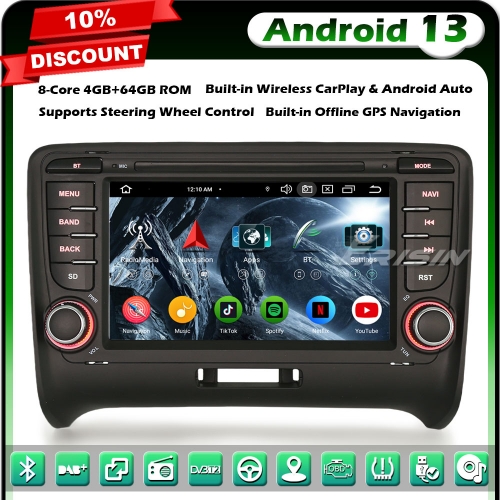 Erisin ES5777T 8-Core 4G+64GB Android 13 Car Stereo GPS Satnav Radio for AUDI TT MK2 7 Inch Radio BT 5.0 Wireless CarPlay Android Auto WiFi DSP Canbus